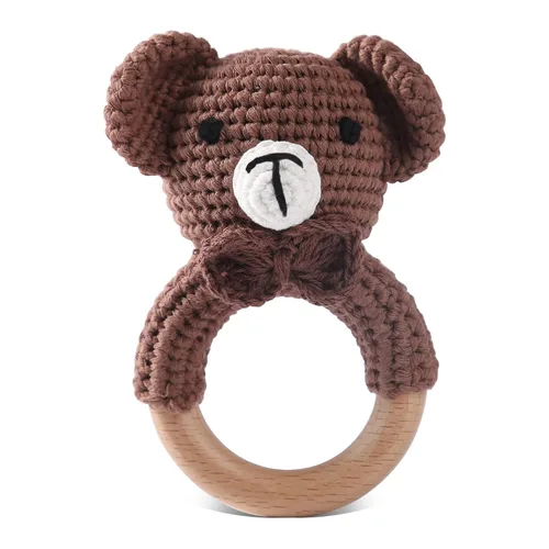 Sonajero de madera para bebé, oso de ganchillo, juguetes hechos a mano, juguete recién nacido, agarre de desarrollo temprano, animal de peluche,
