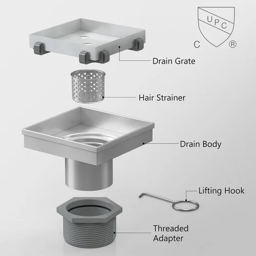 Miniatura 3 de Sharpeye - Drenaje cuadrado de 4 pulgadas con rejilla extraíble de inserción de baldosas, drenaje de piso cuadrado para ducha de acero inoxidable