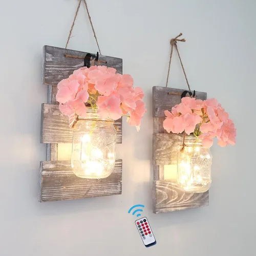 Miniatura 10 de Conjunto de Decoración de Pared Rústica de Dos Piezas - Apliques de Frasco Mason con Luces de Hadas LED y Flor de Rosa, Decoración del Hogar Arte