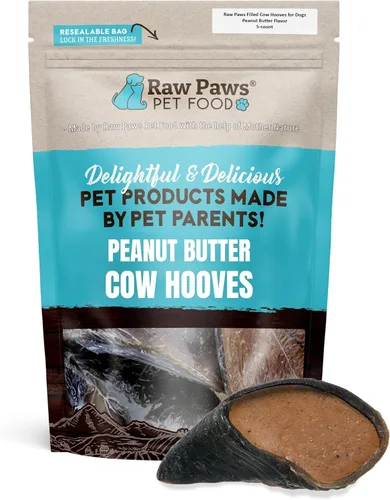 Raw Paws Aros de vaca rellenos para perros, sabor a mantequilla de maní, (5 unidades) carne de res natural, pezuñas de vaca, mantequilla de maní