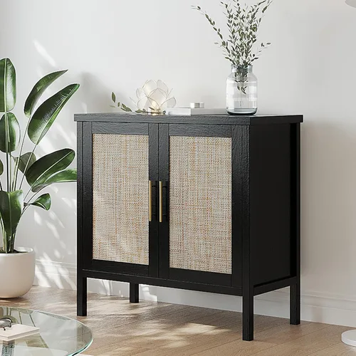 Miniatura 2 de VOWNER Gabinete de almacenamiento de ratán, aparador de buffet con puertas decoradas de ratán, armario para pasillo, entrada, sala de estar, 31.5