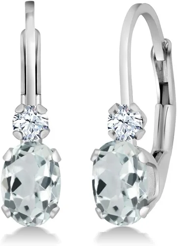 Miniatura 5 de Gem Stone King Aretes de oro blanco de 14 quilates con aguamarina azul cielo y zafiro blanco creado para mujer (0.94 qt ovalado 34 pulgadas), Metal