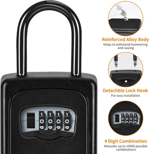 Miniatura 5 de Caja de cerradura portátil para llaves, números claramente visibles, caja de seguridad montada en la pared para llave de casa, capacidad de 5 Negro
