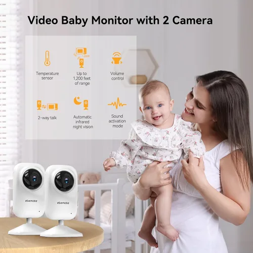 Miniatura 6 de ebemate Monitor de video para bebés con dos cámaras, pantalla LCD de 2.8 pulgadas con monitor de cámara de conversación de 2 vías y 5 canciones