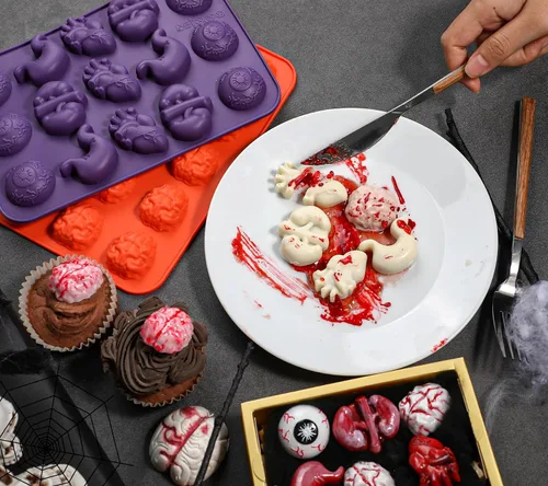 Miniatura 6 de Moldes de Chocolate de Halloween Kamehame, Molde de Silicona en Forma de Cerebro, Molde de Órgano de 15 Cavidades con Forma de Cerebro, Ojo