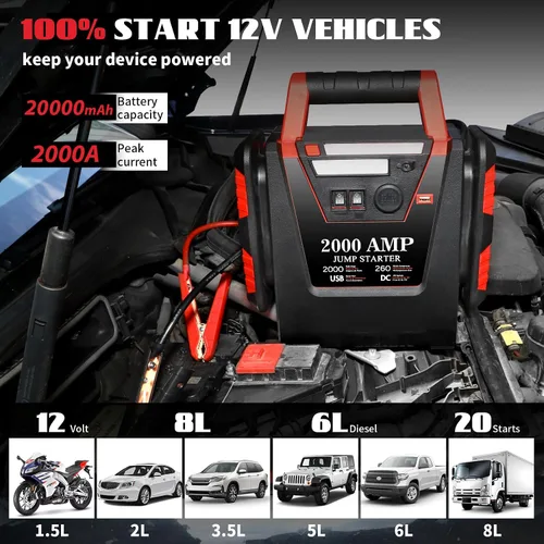 Miniatura 2 de Arrancador con compresor de aire, arrancador de batería de coche de 2000A, inflador de neumáticos de 260 PSI, amplificador de batería de plomo-ácido
