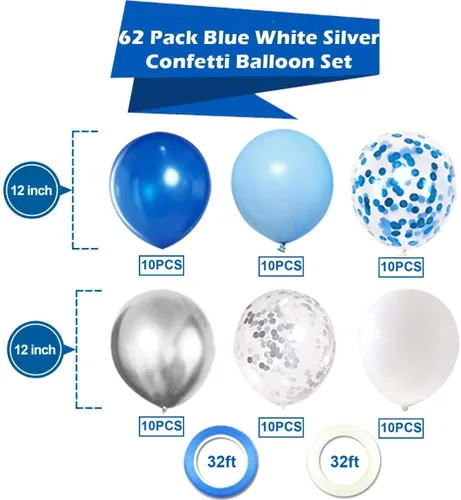 Miniatura 5 de OuMuaMua Kit de 62 globos de confeti azul, plateado y blanco, globos blancos de 12 pulgadas, globos plateados metálicos, globos de confeti plateado