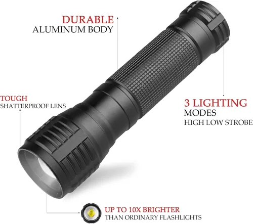 Miniatura 4 de Linterna LED de 3000 lúmenes, luz de flash zoomable, 3 modos, resistente al agua, linterna de mano, paquete de 2