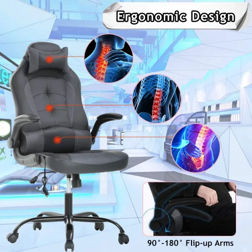 Miniatura 4 de Silla de oficina ergonómica de piel sintética con reposacabezas y reposacabezas para juegos de masaje, silla de oficina de carreras de PC, silla Gris