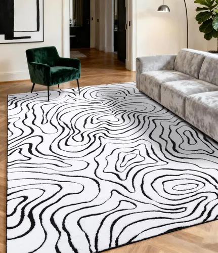 Miniatura 15 de YIHOUSE Alfombra lavable de 5 x 7 pies, moderna abstracta en blanco y negro, antideslizante, para dormitorio, oficina en casa (abstracto, 5 x 7 pies)