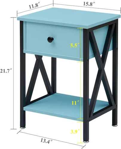 Miniatura 3 de VECELO Mesas auxiliares, mesita de noche moderna con cajón y estante, mesita de noche para dormitorio, sala de estar, marco de metal industrial