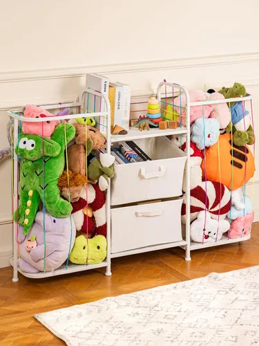 VBABY Estantería para niños y almacenamiento de juguetes, estante grande 3 en 1 para habitaciones de niños, zoológico de animales de peluche para