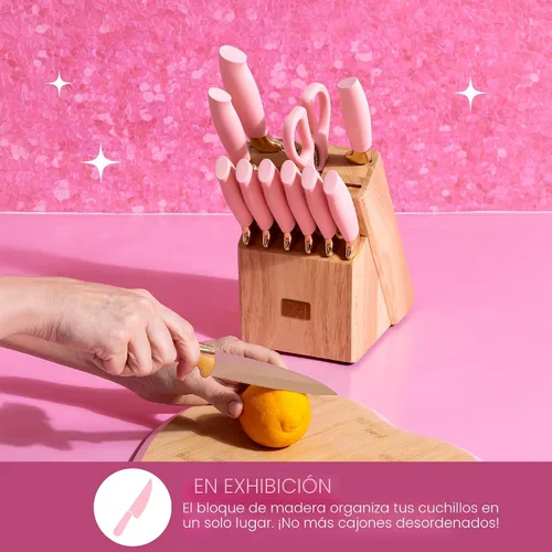 Miniatura 4 de Paris Hilton Juego de 12 cuchillos con bloque, cuchillería de acero inoxidable de alto carbono, cuchillas de precisión y mangos ergonómicos, rosa