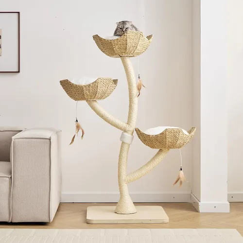 Miniatura 10 de Torre de árbol gris moderno de 52 pulgadas de alto para gatos grandes, postes rascadores para gatos con cestas tejidas a mano Condominio de lujo