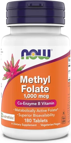 Now Supplements Metil Folato 1,000 mcg, Folato Metabólicamente Activo, Vitamina Co-Enzima B, 180 Tabletas
