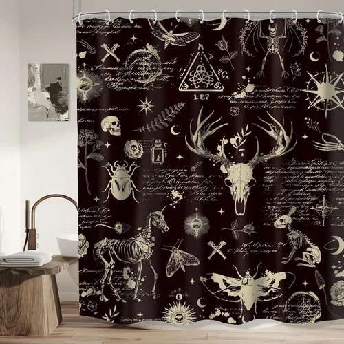 Miniatura 8 de Black Gothic Small Stall Shower Curtain 36Wx72H RV Spooky Skull Skeleton Spooky Funny Animal Western Moth Moon Bone Mystic Leaves Bathroom Decor