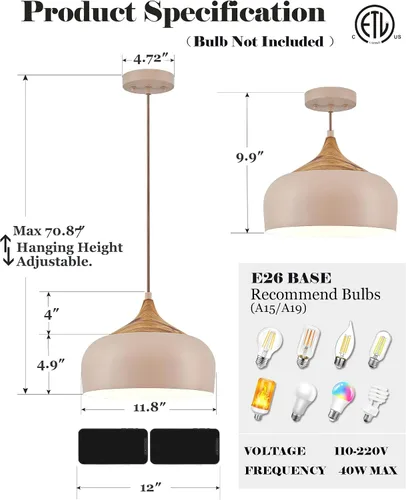 Miniatura 5 de ELYONA Lámpara colgante japonesa moderna de 12 pulgadas para isla de cocina, lámpara colgante de granja con pantalla de metal de grano de madera