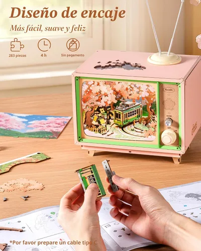 Miniatura 5 de Rolife Rompecabezas de madera 3D para adultos Kit DIY de rincón de libro de 16" Caja de música de flor de cerezo japonés Juguete conjunto