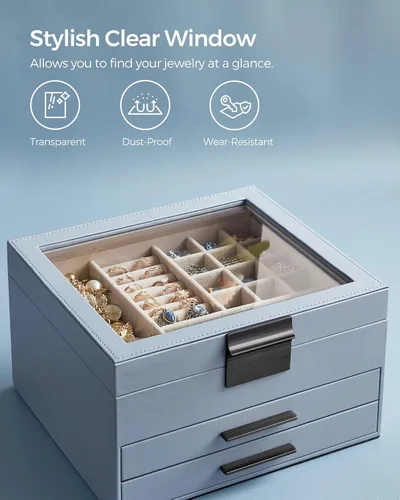 Miniatura 4 de SONGMICS Joyero con tapa de vidrio, organizador de joyas de 3 capas, 2 cajones, para joyas grandes y pequeñas, almacenamiento de joyas