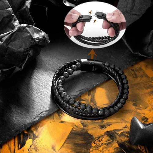 Miniatura 5 de Speroto - Pulsera para hombre de cuero trenzado con cuentas de lava y ónix