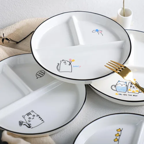 Miniatura 4 de 1 pieza Placa de porción de dinosaurio de cerámica dividida para una alimentación racional, plato de postre dividido, plato de ensalada, plato