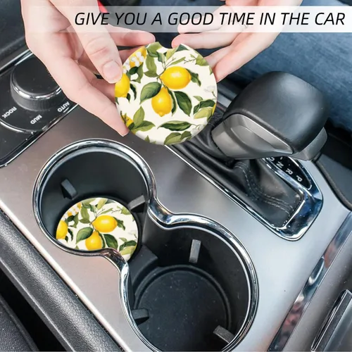 Miniatura 7 de Portavasos de automóvil para mujeres y hombres, paquete de 2 portavasos de cerámica con limones y flores blancas, elegantes accesorios interiores