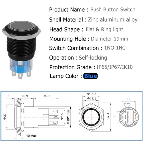 Miniatura 2 de Interruptor de botón de enclavamiento de 0.748 pulgadas, interruptor SPDT de encendido/apagado, impermeable, de metal negro, anillo LED de 12V