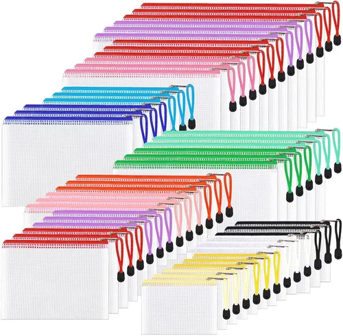 48 bolsas de malla con cremallera, 8 tamaños, bolsas de archivos de plástico impermeables con cremallera, 16 colores, multiusos para almacenamiento