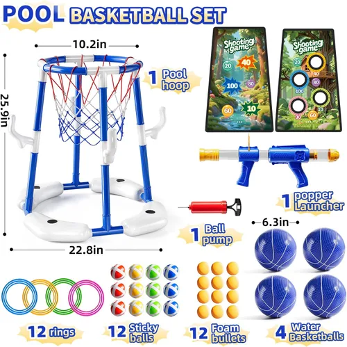 Miniatura 6 de NIPLOOOW Aro de baloncesto para piscina, juego de anillos flotantes 4 en 1 con 4 bolas, lanzador de bomba de aire y bolas adhesivas, juego