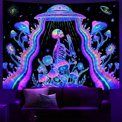 Miniatura 2 de Galoker Tapiz de esqueleto de luz negra, tapiz floral de plantas de fantasía, tapiz reactivo a los rayos UV, tapiz OVNI extraterrestre galaxia