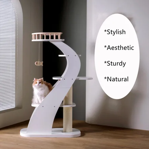 Miniatura 9 de SHENGOCASE Moderna y elegante torre de madera para gatos de 52.4 pulgadas de alto, escalera estética para condominio con plataforma de percha grande