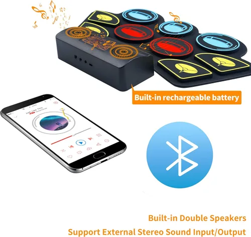 Miniatura 6 de Juego de batería eléctrica para niños, almohadilla electrónica con baquetas iluminadas y soporte de batería, altavoces dobles integrados y batería