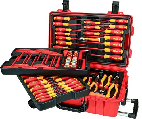 Wiha 32800, juego de herramientas aisladas con destornilladores, llaves para tuercas, alicates, cortadores, regla, cuchillo y dados en estuche de