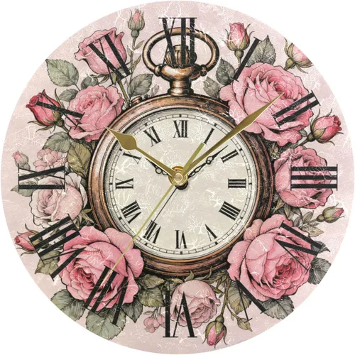 Reloj de bolsillo vintage de feliz Navidad, rosa rosa, 10 pulgadas, redondo, para dormitorio, arte silencioso, para dormitorio, sala de estar, reloj