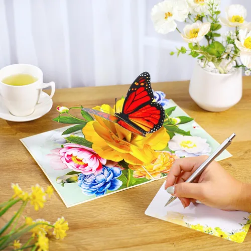 Miniatura 3 de Tarjeta de flores desplegables, tarjeta de felicitación, tarjeta desplegable 3D de mariposa y peonía rosa de 6 x 8 pulgadas, para el día