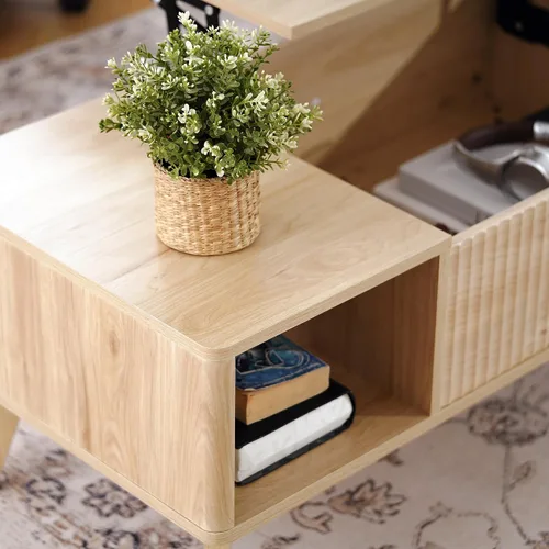 Miniatura 4 de LYNCOHOME Mesa de Centro con Tapa Elevable Acanalada con Almacenamiento, Mesa de Centro Moderna para Sala de Estar, Oficina en Casa (Natural)