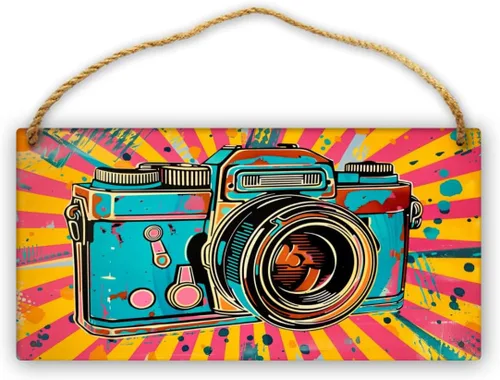 Pintura de tablero de madera, cámara retro colorida, divertida decoración de estudio fotográfico, accesorio de madera, coloridos carteles colgantes