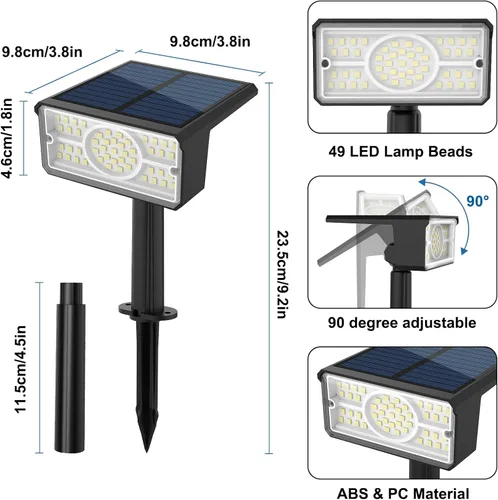 Miniatura 6 de T-SUN Focos solares para exteriores, paquete de 4 unidades, 49 LED, 2 modos de iluminación, IP65 impermeables para paisaje, luces LED de atardecer a