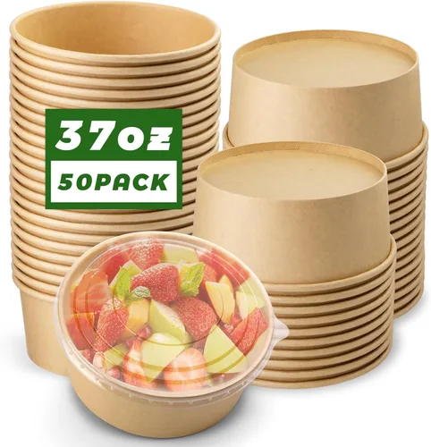 Paquete de 50 cuencos redondos de papel kraft desechables de 37 onzas, recipientes desechables con tapas para ensalada dietética, helado, yogur,