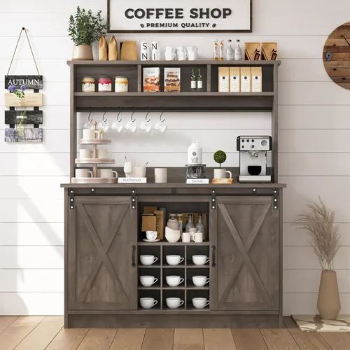 Miniatura 9 de 4ever2buy Barra de café de granja con gabinete, gabinete de buffet de 31 pulgadas con puerta corrediza de granero, armario de barra de Gris