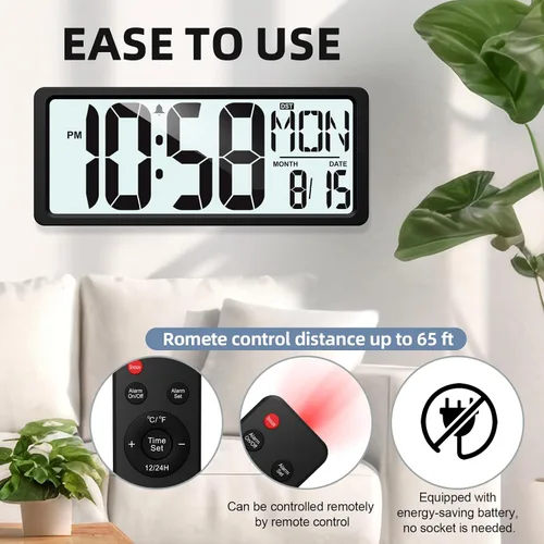 Miniatura 2 de XREXS Reloj de pared digital grande, funciona con pilas, con retroiluminación, temporizador de pantalla grande LED de 15 pulgadas con temperatura