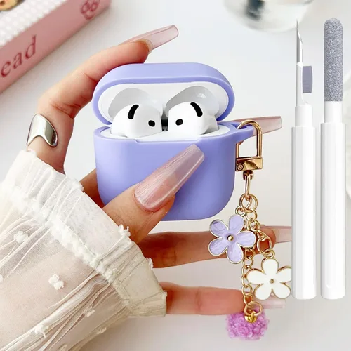 Miniatura 46 de Bonita funda negra para Airpods de 2ª/1ª generación para niñas y mujeres, con llavero de pompón de flores y kit de limpieza, funda protectora tipo