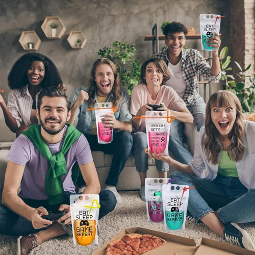 Miniatura 6 de 24 bolsas de plástico transparente para bebidas con pajitas, bolsas reutilizables para decoración de cumpleaños, videojuegos, fiestas, regalos