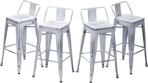 Miniatura 16 de Taburetes de bar de metal con respaldo, juego de 4 taburetes de altura de encimera de cocina con asiento de madera de 24 pulgadas, negro mate