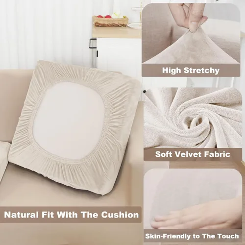 Miniatura 3 de NAISI Fundas de cojín de sofá de terciopelo elásticas de 1 pieza, fundas de asiento de sofá o respaldo, fundas suaves individuales para sofá Beige