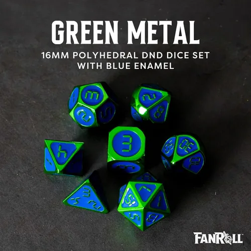 Miniatura 2 de FanRoll - Juego de dados poliédricos de metal de 0.630 in: verde con esmalte azul, dados de juego de rol para Calabozos y Dragones