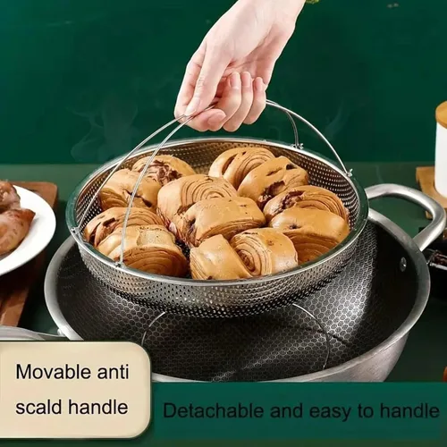 Miniatura 4 de Cesta de vapor multifuncional todo en uno con asa, cesta de drenaje de acero inoxidable para el hogar, malla fina al vapor, apta para lavavajillas