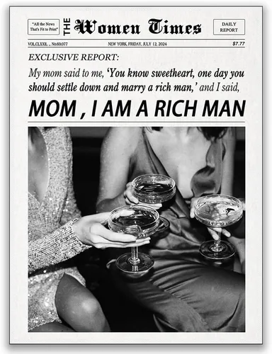 Arte de pared de periódico retro, arte de pared de moda con texto en inglés "Mom I Am A Rich Man", divertido póster estético de habitación indie,