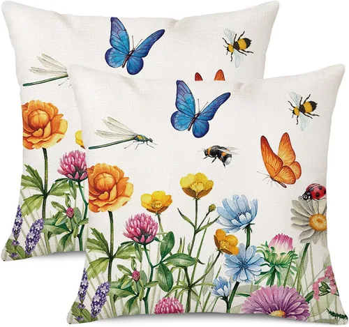 Miniatura 11 de Juego de 4 fundas impermeables para cojín de primavera, uso al aire libre, de 18 x 18 pulgadas, con diseño de mariposa, libélula, mariquita y abeja