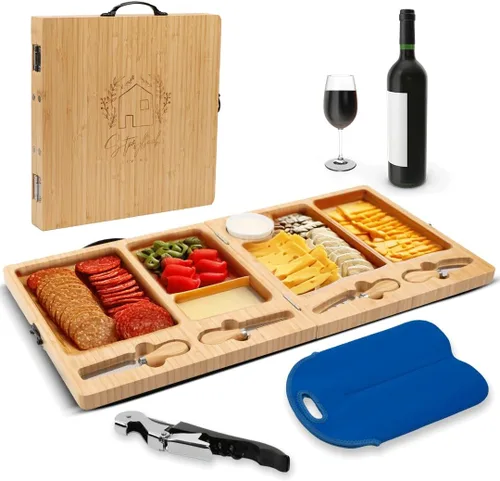 Miniatura 8 de Tabla de charcutería – Tabla grande de queso de bambú con juego de cuchillos magnéticos – Plato de queso de madera – Tabla de charcutería plegable